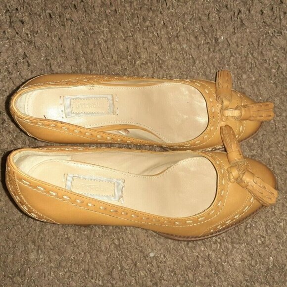 UTERQUE-Tan Leather Wingtip Pumps-Platform-Stitching-Tassels-Sz 36-Near Mint - Picture 7 of 7